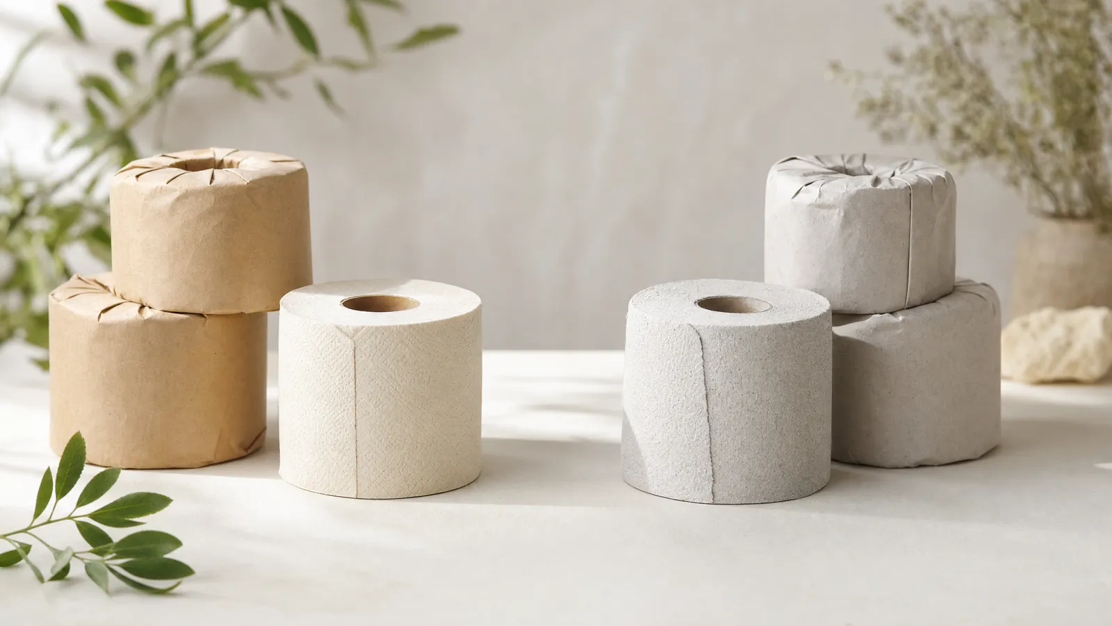 Bamboo toilet paper rolls in kraft wrap beside greyer recycled rolls on a bone-white surface, one of each unwrapped to show the paper texture