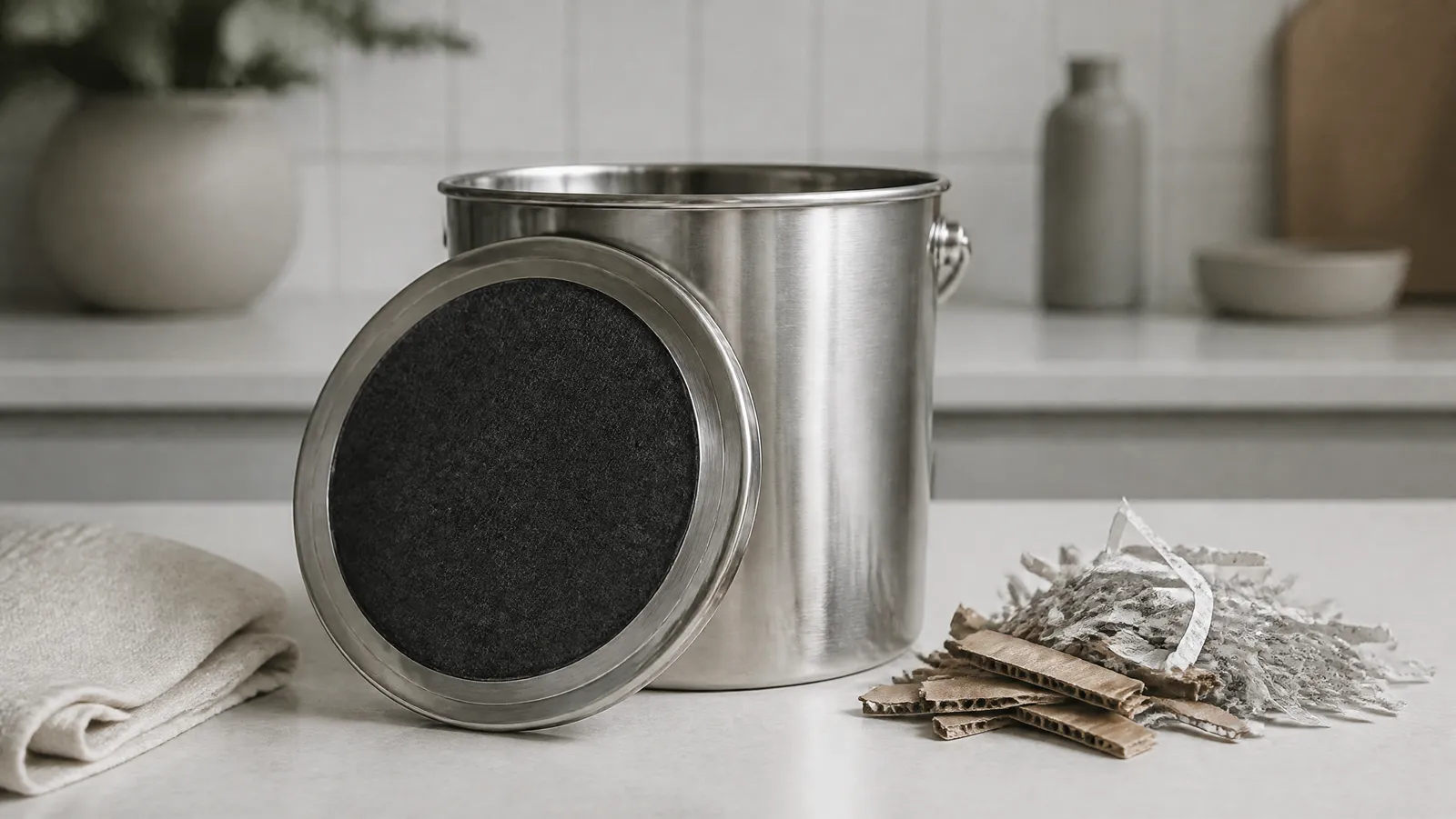 A brushed stainless kitchen pail on a bone-white counter with its flat lid lifted off and propped upright against the pail, showing the round matte black activated-charcoal filter disc seated in the underside of the lid, a dry loose handful of shredded newsprint and torn cardboard strips to the right and a folded undyed linen cloth to the left