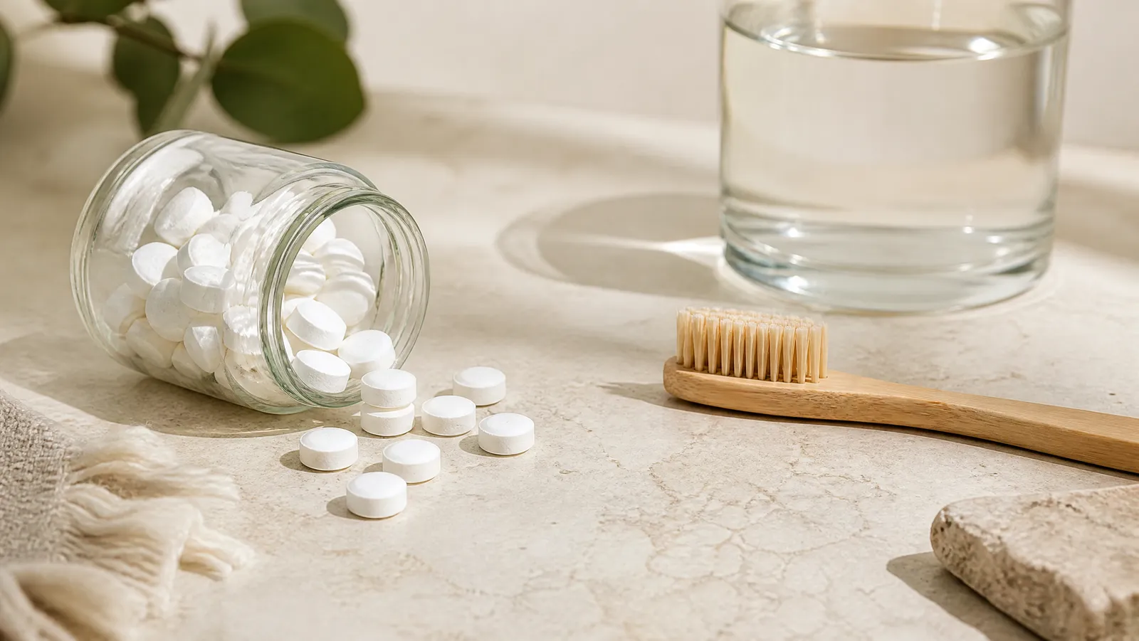 A tipped glass jar spilling white toothpaste tablets across a bone-white counter next to a bamboo toothbrush and a glass of water
