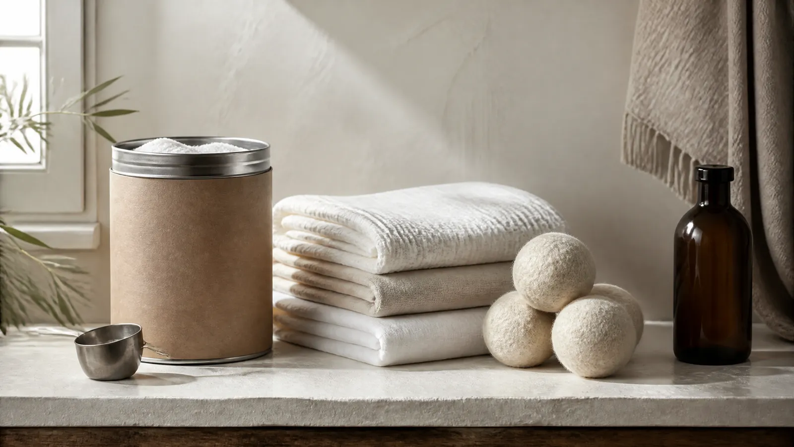 A laundry shelf of plastic-free swaps — a paper and steel canister of powder detergent with a metal scoop, folded linen towels and wool dryer balls — on a bone-white surface