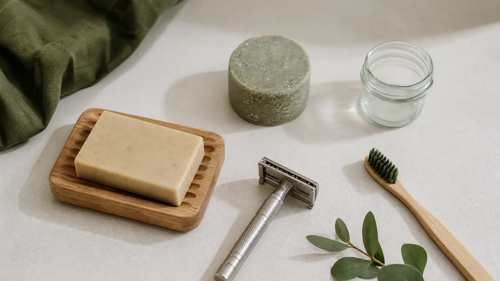 A modest flat lay of budget bathroom swaps including bar soap, a metal safety razor, a shampoo bar and a bamboo toothbrush on a bone-white surface