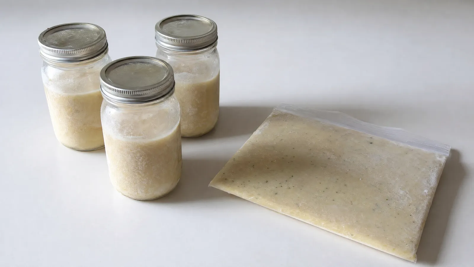 Three wide-mouth glass canning jars with two-piece metal lids holding pale frozen soup, each filled well short of the rim so a clear band of headspace sits under the lid, beside a clear silicone bag frozen flat into a thin slab, on a bone-white surface in cool daylight