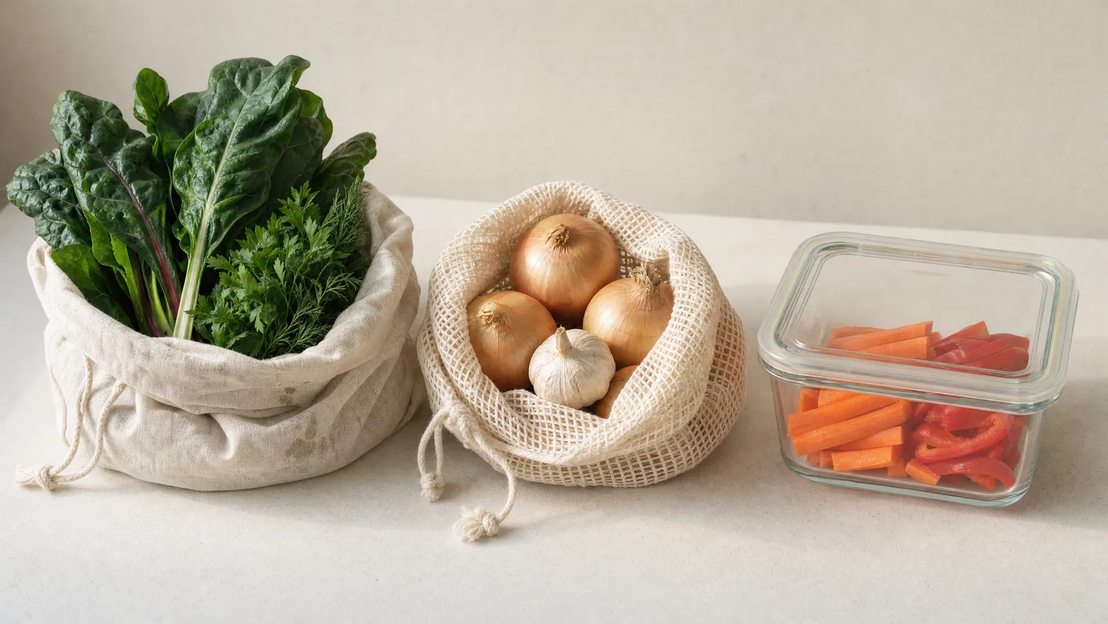 Three plastic-free ways to store produce on a bone-white counter in soft daylight: an undyed cotton muslin drawstring bag slumped open around a bunch of dark green chard and a handful of soft herbs, an open-weave cotton mesh drawstring bag holding four yellow onions and a head of garlic, and a clear glass container with a glass lid holding cut carrot sticks and sliced red pepper