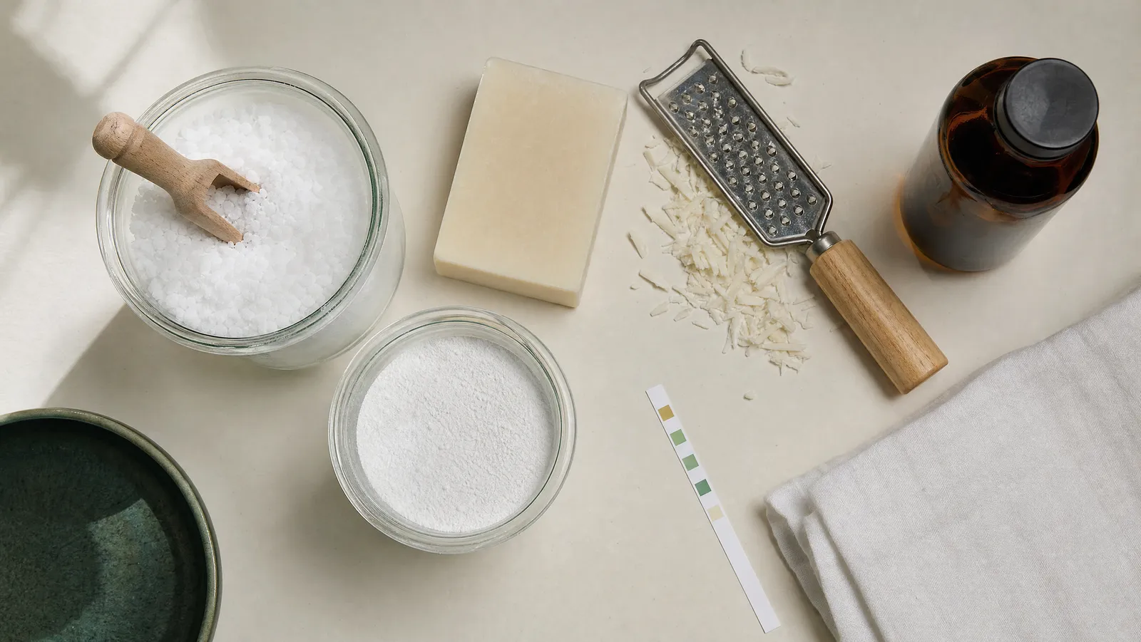 An overhead flat-lay on a bone-white surface of homemade laundry detergent ingredients: an open jar of coarse washing soda crystals with a wooden scoop, a jar of oxygen bleach powder, a plain soap bar beside a box grater with soap shavings, an amber glass bottle, a folded white cloth and a water hardness test strip