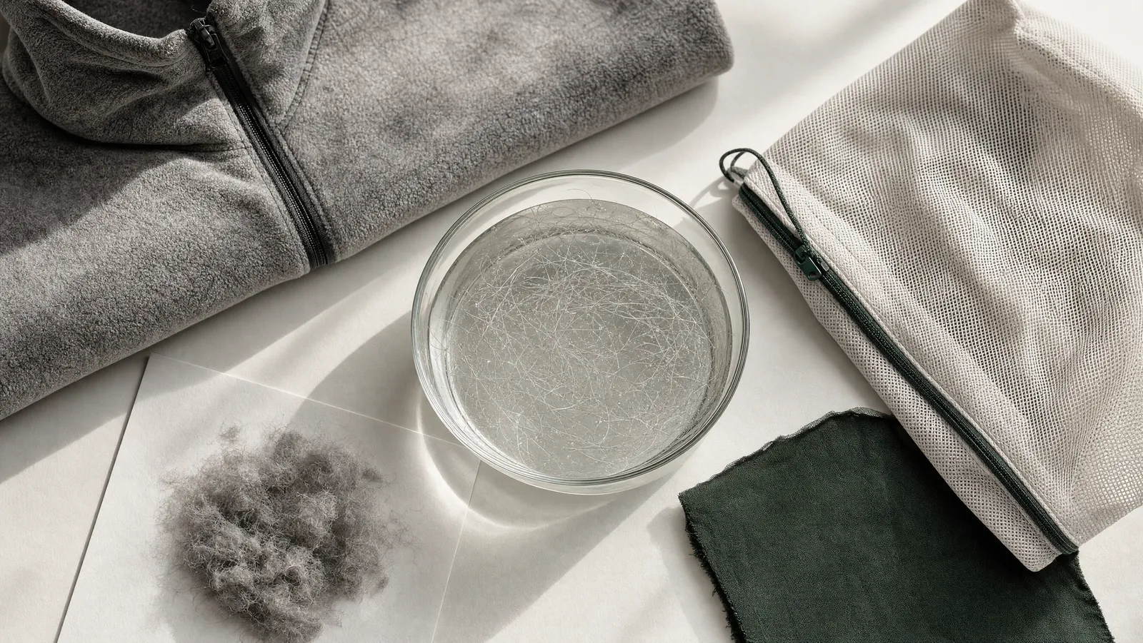 A shallow glass dish of water full of drifting pale fibres photographed from above on bone white, beside a folded grey fleece, a fine mesh laundry bag and a small sample pile of lint-grey fibre on white paper