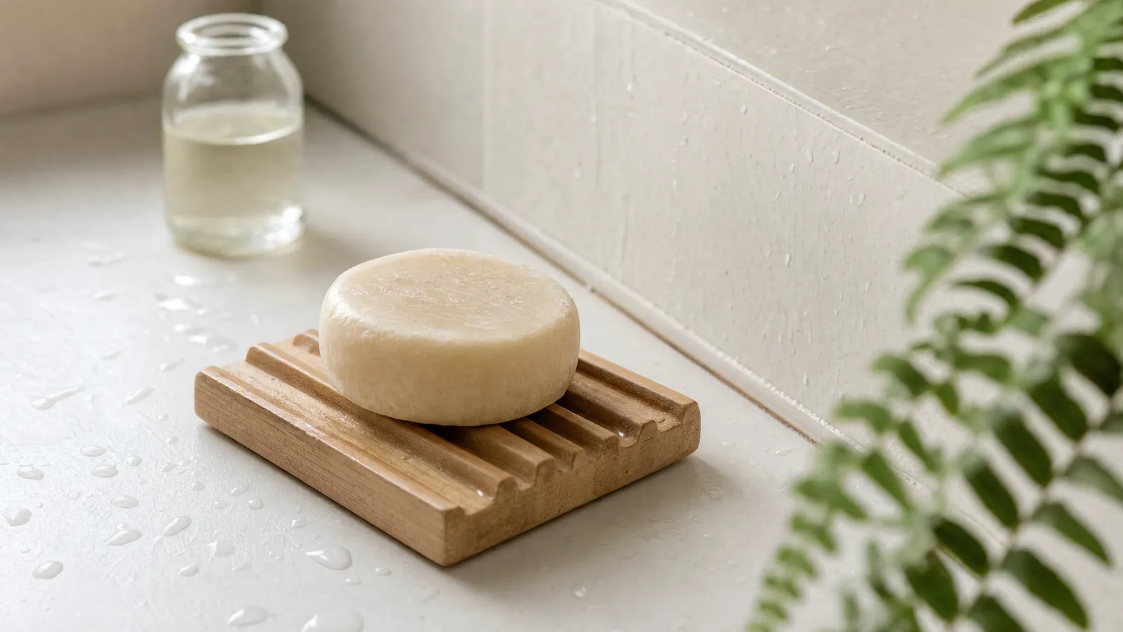 A used cream-coloured shampoo bar drying on a ridged wooden dish beside a small glass bottle of vinegar rinse