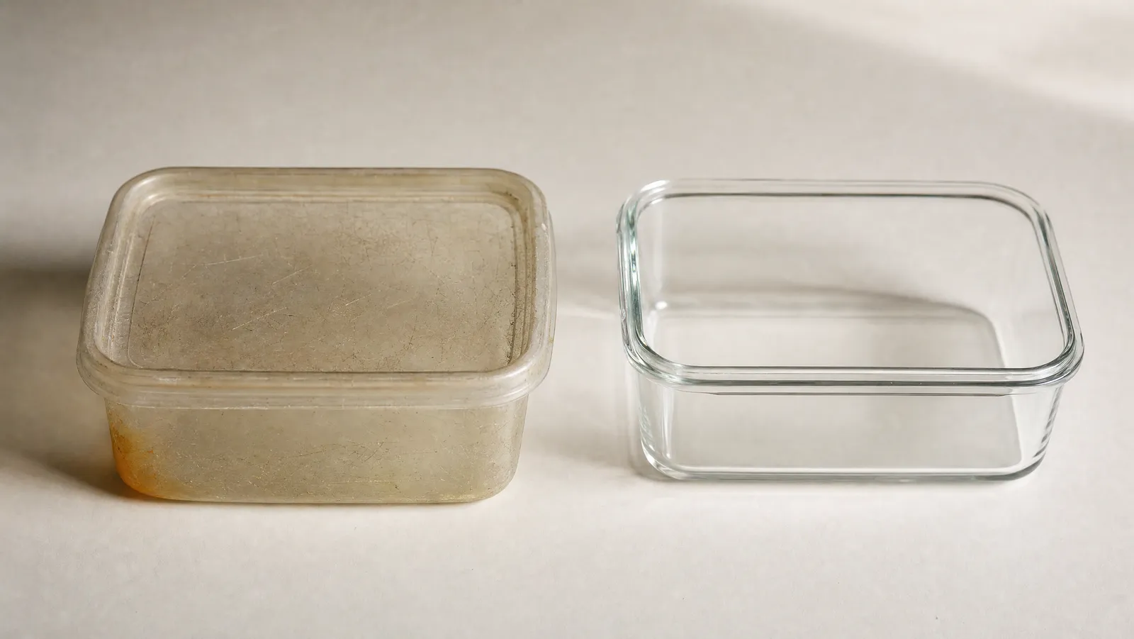 A clouded and finely scratched old plastic food container with a slightly warped lid on the left, set beside a clean sharp-edged clear glass container on the right, on a bone-white surface in soft raking daylight