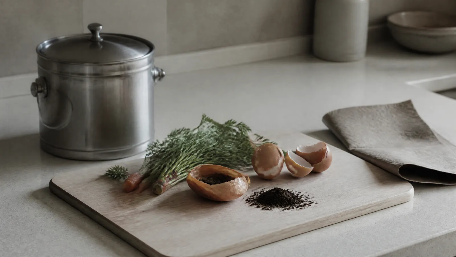 A brushed stainless lidded kitchen pail on a bone-white counter in soft daylight, its lid seated, beside a pale birch board holding a neat scatter of raw trimmings - carrot tops with green fronds, an onion skin, crushed brown eggshells and a small heap of spent coffee grounds - with a folded square of undyed kraft paper at the right edge