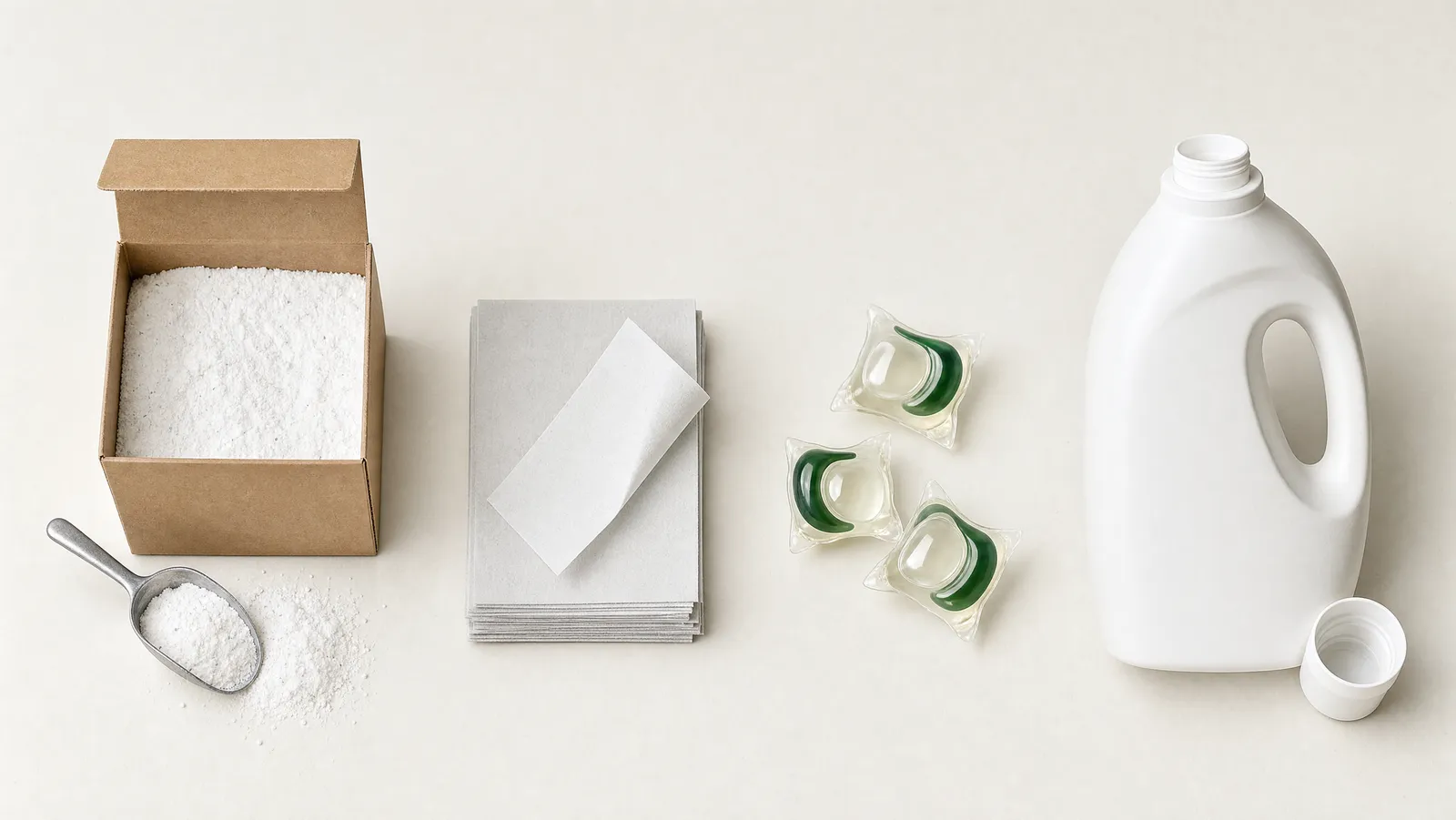 Four laundry detergent formats compared side by side on a bone-white surface: a kraft carton of powder with a metal scoop, a stack of detergent sheets, three translucent pods and an open plastic jug of liquid