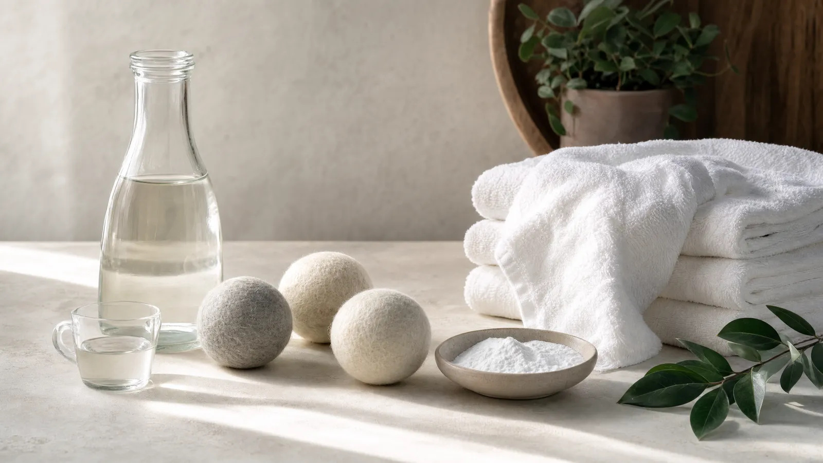 A glass bottle of white vinegar and a small measuring cup beside three undyed felted wool dryer balls, a shallow dish of washing soda and a stack of folded white cotton towels on a bone-white surface in soft directional daylight