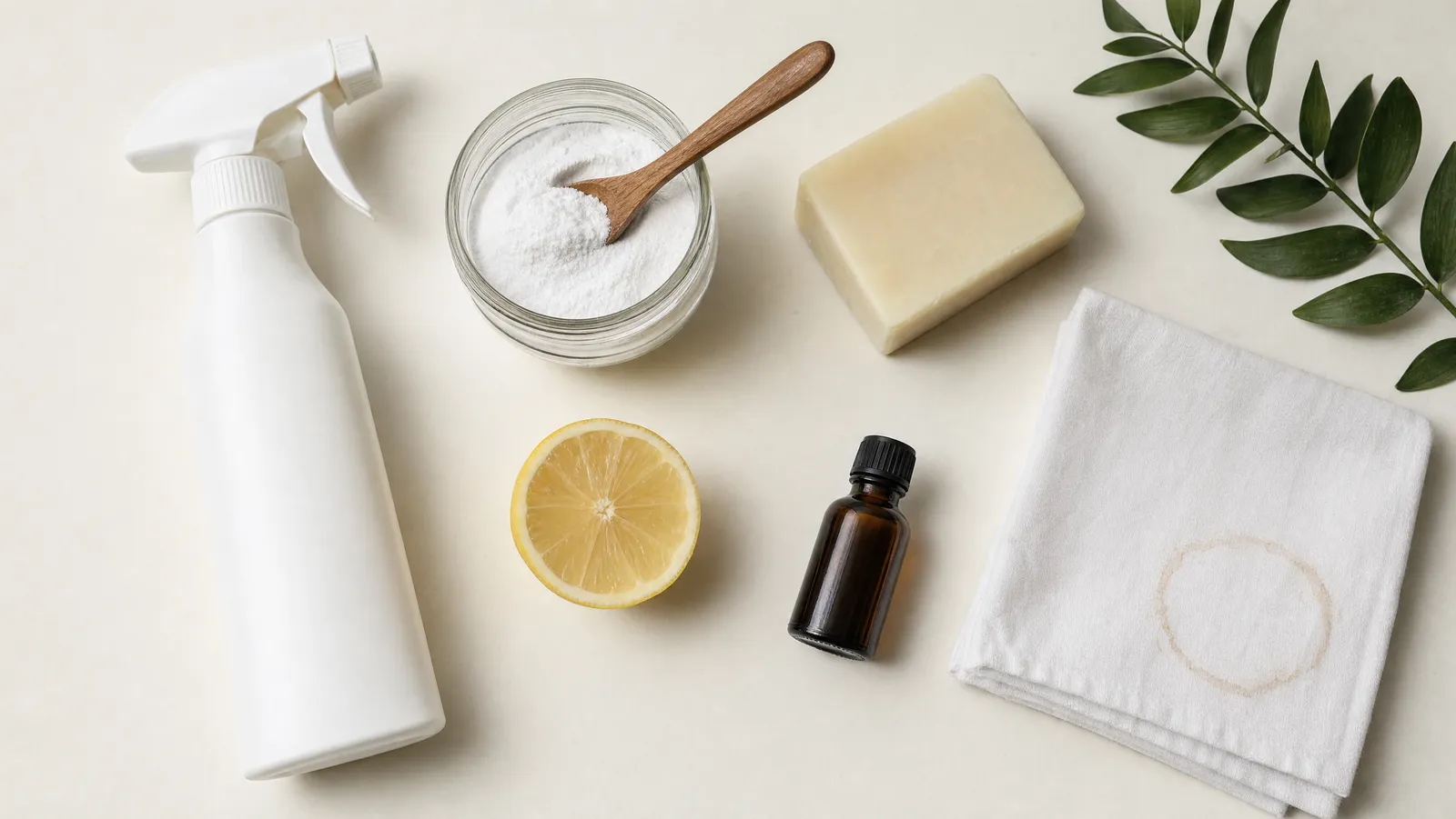 A natural stain-removal kit on a bone-white surface: a plain spray bottle, an open jar of oxygen bleach powder with a wooden spoon, a bar of soap, a halved lemon and a folded white cotton cloth showing a fading coffee stain ring
