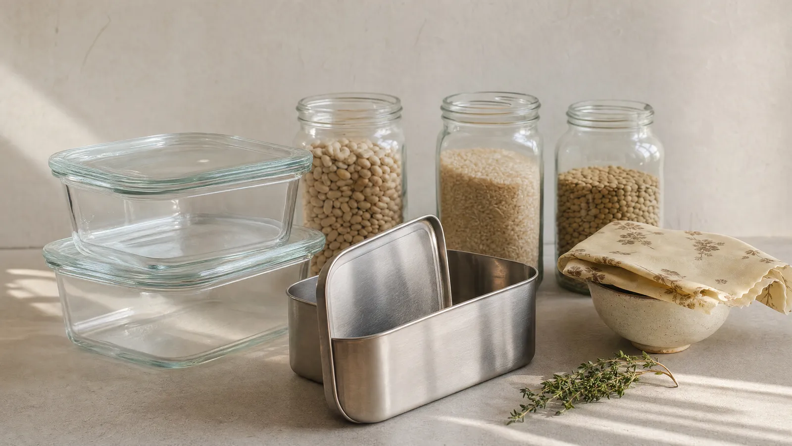 Two square glass containers with clear glass lids, a brushed stainless steel lunch tin with its lid tilted against it, three repurposed glass jars holding dried beans, rice and lentils, and a folded beeswax wrap draped over a small ceramic bowl, arranged on a bone-white counter in soft directional morning daylight