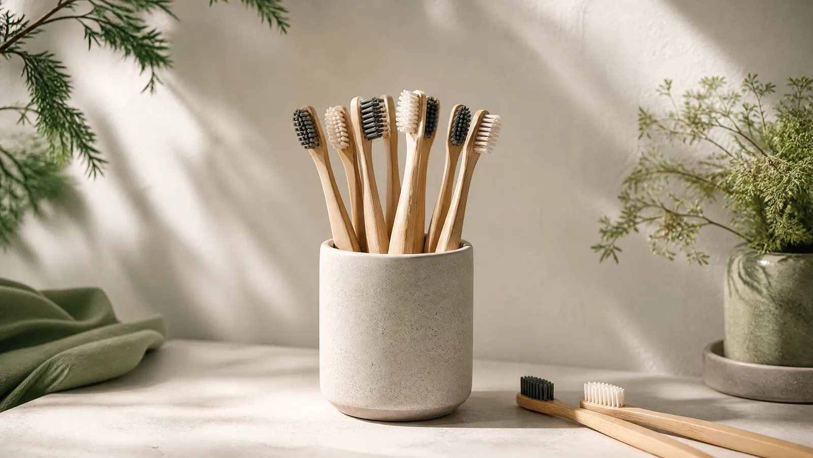A row of bamboo toothbrushes with soft charcoal and cream bristles standing in a ceramic cup on a bone-white counter
