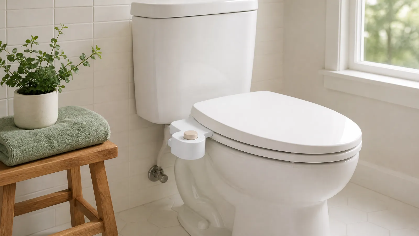 A slim non-electric bidet attachment with a side control dial installed under the seat of a white toilet in a bright tiled bathroom