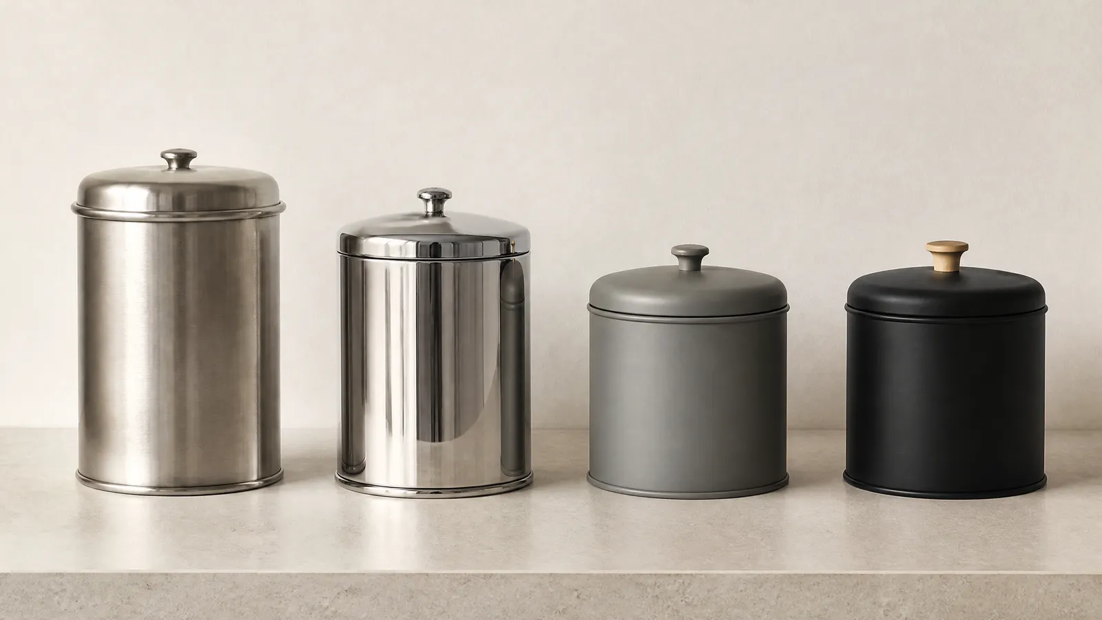 Four unbranded lidded countertop pails stood in an evenly spaced row on a bone-white counter against a plain pale wall, shot straight on at counter height: a tall brushed stainless cylinder, a shorter polished silver cylinder, a squat matte grey coated bin, and a matte black powder-coated bin with a small pale wooden handle on its lid, every lid closed