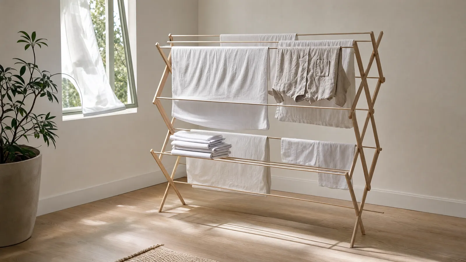 A plain wooden slatted drying rack standing open in a spare bone-white room, white cotton sheets and a pale linen shirt hung evenly over its rails, with a window cracked open behind it and low afternoon light raking across a pale oak floor