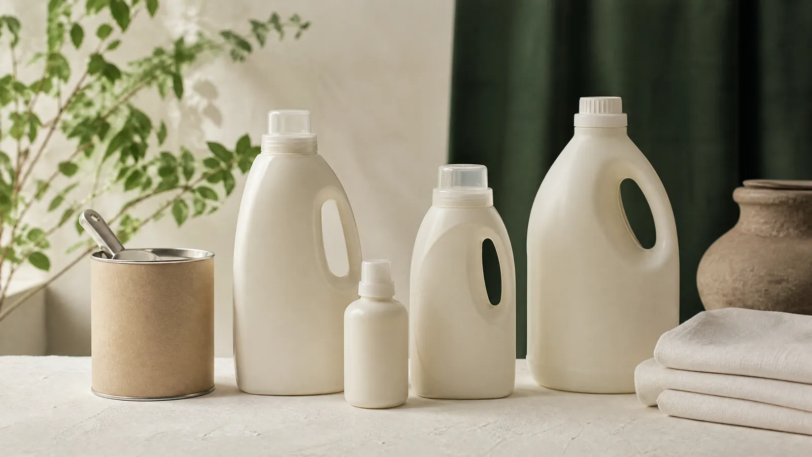 Five unlabeled laundry detergent containers in a row — a paper and steel powder canister with a scoop alongside concentrate and full-size bottles — on a bone-white surface