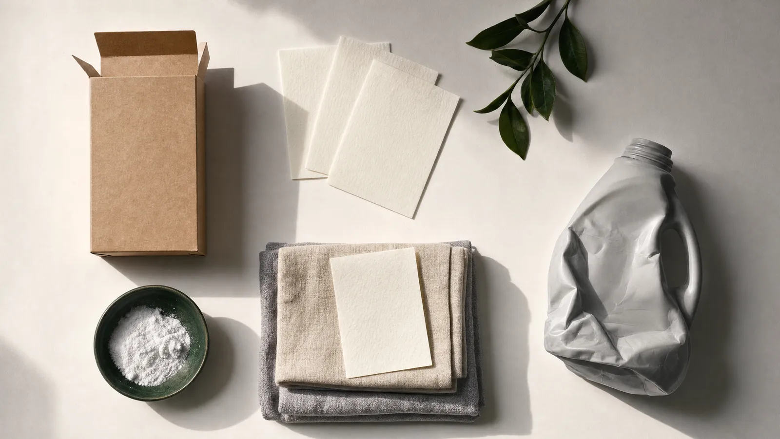 A kraft-paper carton of laundry detergent sheets photographed from above on bone white, with three thin sheets fanned beside it, one resting on folded linen, and an empty plastic detergent jug pushed to the shadowed edge of the frame