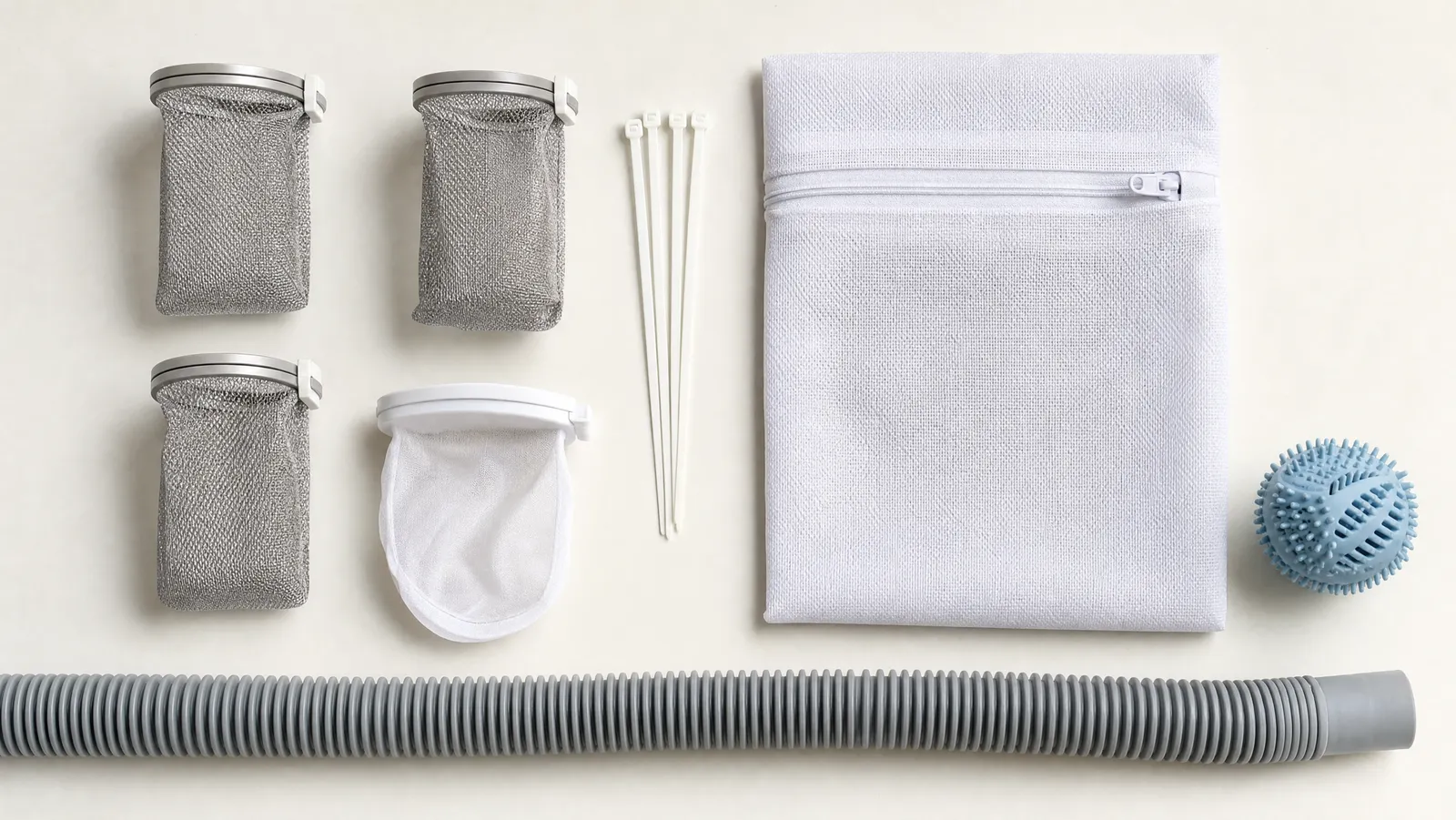 Stainless steel mesh lint-trap sleeves with cable ties, a nylon lint catcher, a folded fine-mesh laundry bag and a pale blue silicone laundry ball arranged on a bone-white surface, with the cut end of a corrugated washing machine drain hose along the bottom edge