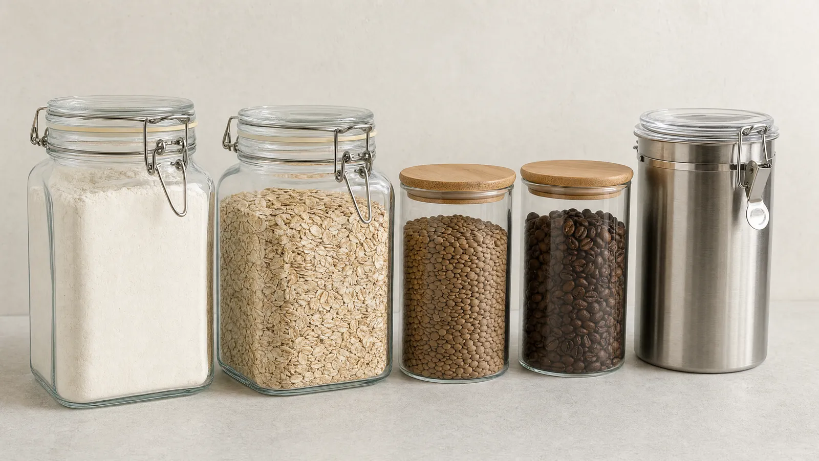 Five pantry containers in a descending row on a bone-white counter in soft daylight: two tall square clear glass jars with hinged metal clamp lids holding white flour and rolled oats, two smaller cylindrical glass canisters with flat natural bamboo lids holding brown lentils and dark coffee beans, and a brushed stainless steel canister with a clamp-down clear lid standing closed at the end with its contents hidden