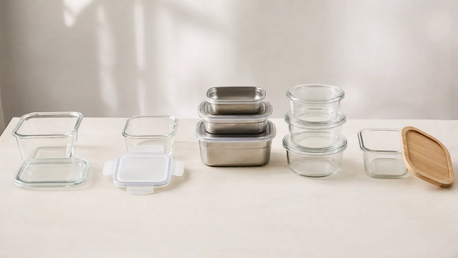 Five different food storage containers set out in an even row on a bone-white surface with their lids placed beside them, showing the difference between a clear glass lid, a pale snap-locking lid, the translucent seals on a nested stainless steel set, and a bamboo-rimmed glass lid, in soft directional daylight
