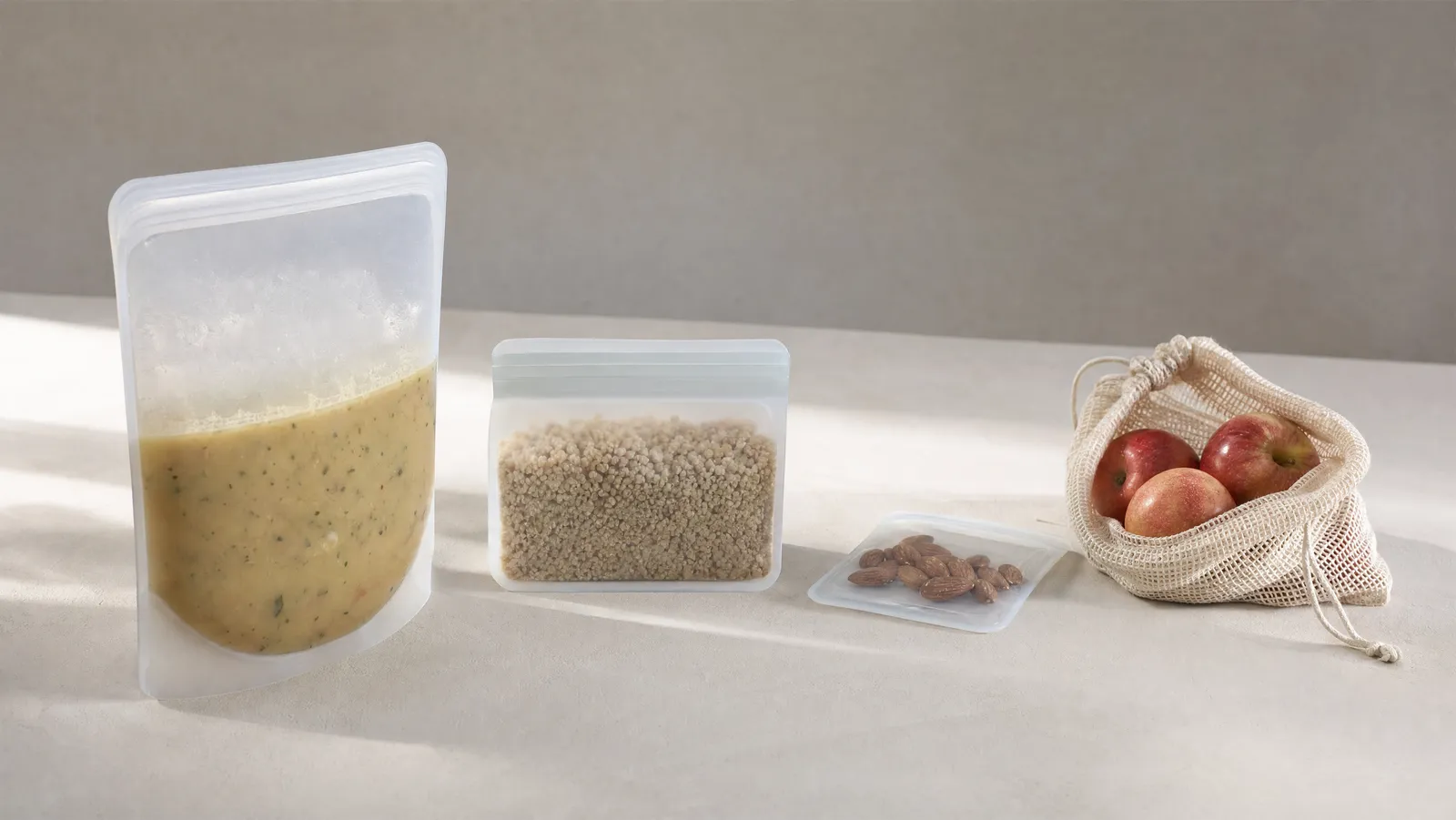 Four reusable food storage bags in a row on a bone-white surface in raking daylight, descending by size: a large clear silicone bag standing upright and half filled with soup, a medium stand-up silicone bag of cooked grains, a small flat silicone pouch holding almonds, and an undyed cotton mesh drawstring bag slumped open with three red apples inside