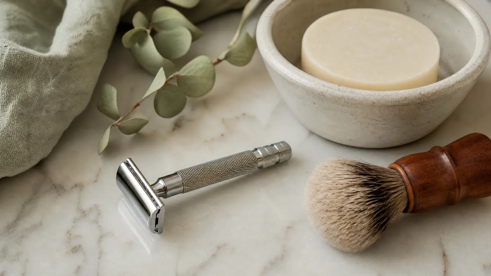 A chrome double-edge safety razor beside a wooden shaving brush and a bowl of shaving soap on marble