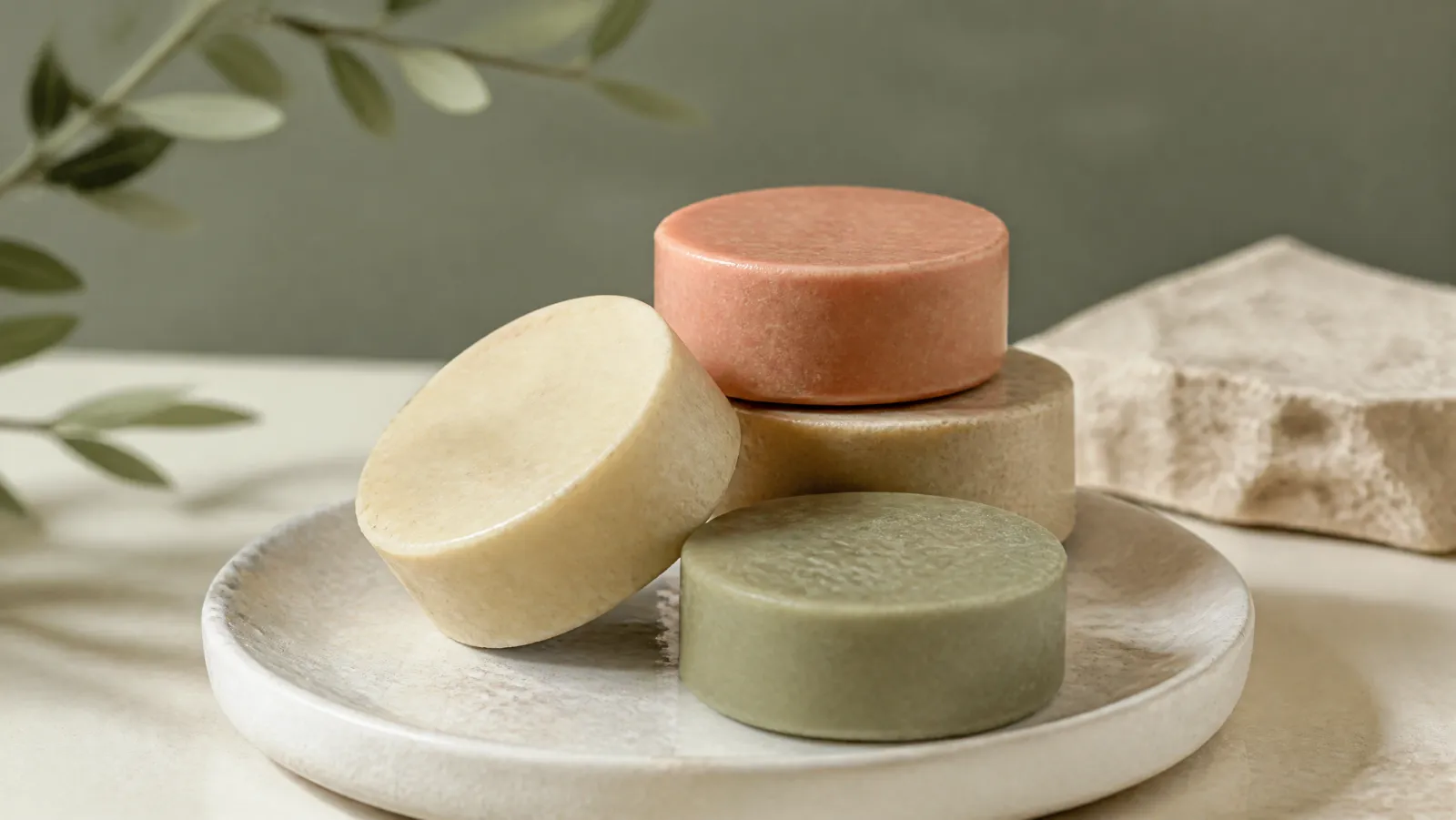 Several solid shampoo bars in natural earthy tones resting on a pale stone dish