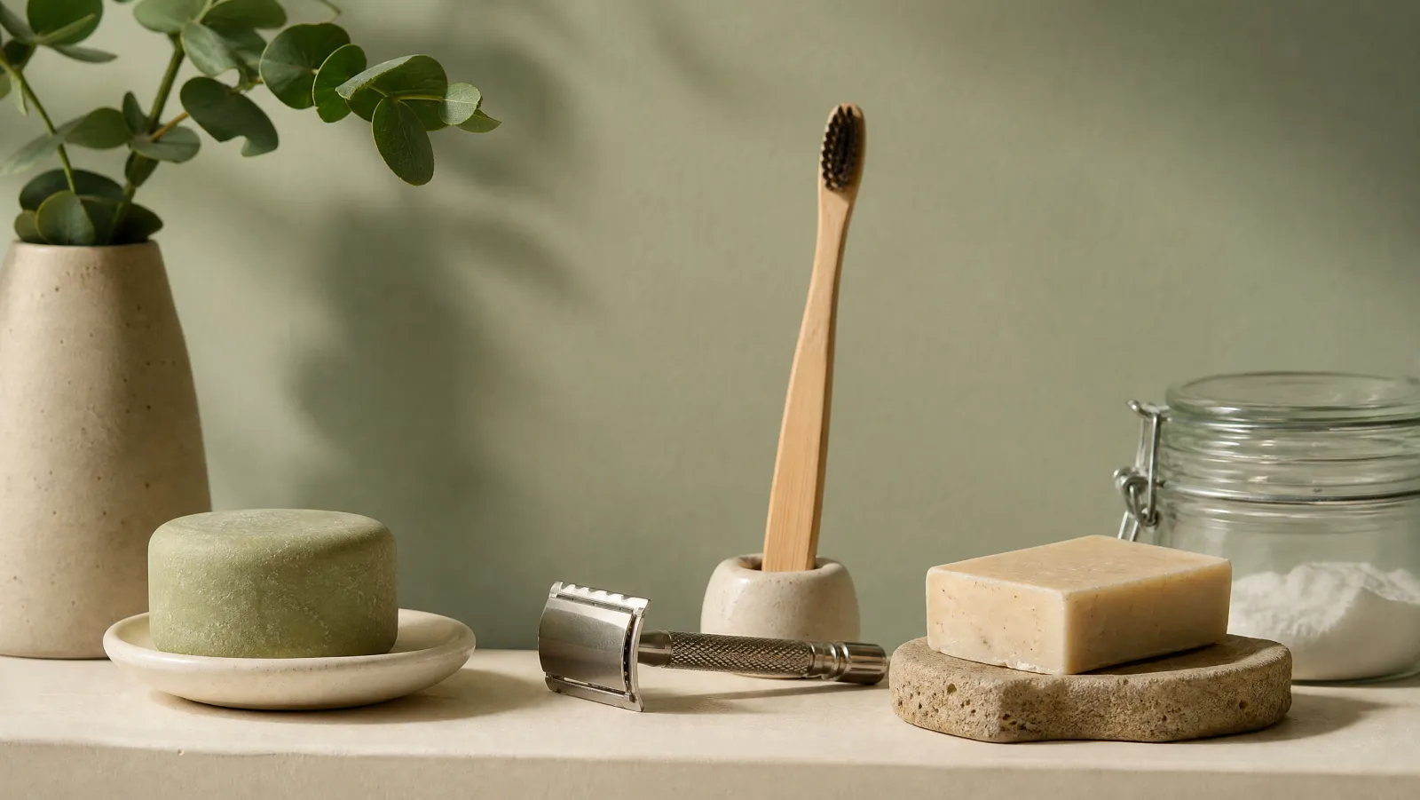 A shelf of plastic-free bathroom essentials — a shampoo bar, a metal safety razor, a bamboo toothbrush and a bar of soap — on a bone-white surface