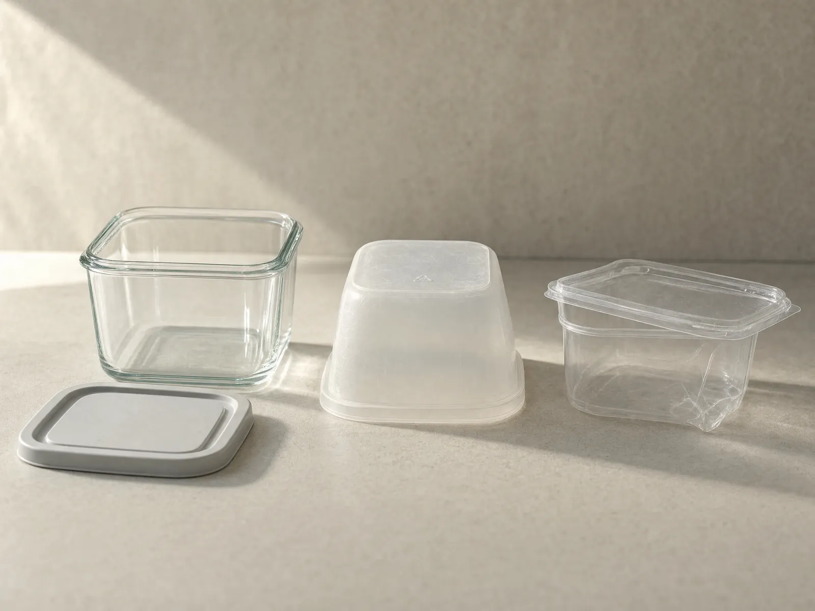 Three food containers on a bone-white counter in soft raking daylight: a square clear tempered-glass container standing open with its matte grey plastic lid lying flat on the counter well away from it, a cloudy scratched translucent polypropylene tub turned upside down so the small embossed triangular resin mark on its base catches the light, and a thin clear single-use deli tub dented at one corner with its flimsy lid resting crookedly on top