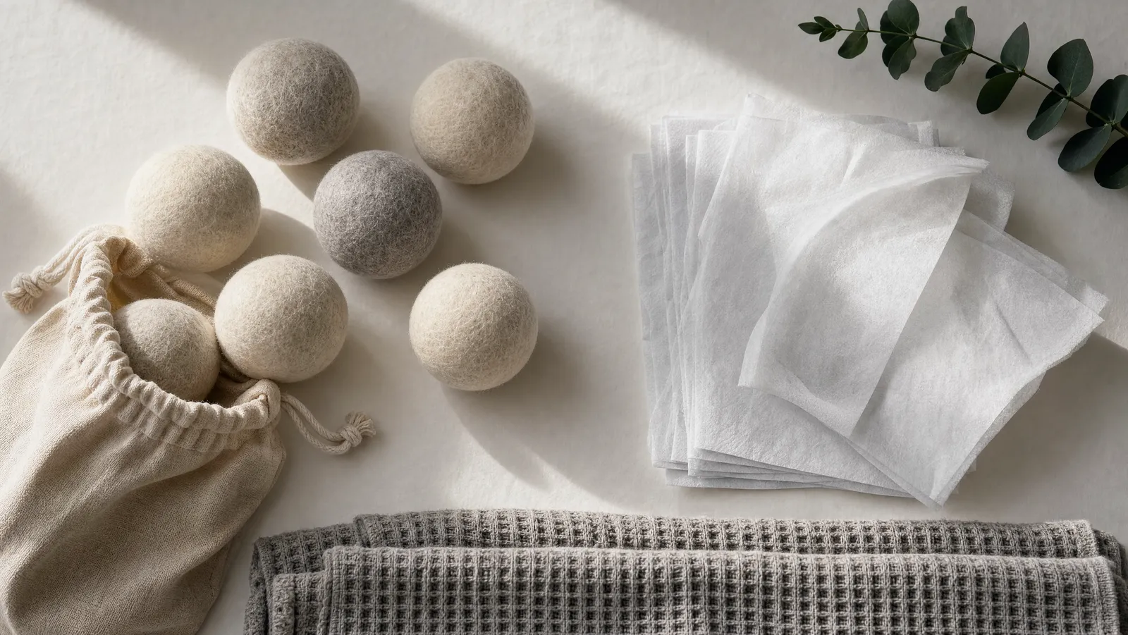 Six undyed wool dryer balls with a muslin storage bag on one side of a bone-white surface and a rumpled stack of disposable dryer sheets on the other, photographed from above with folded grey towels along the bottom edge
