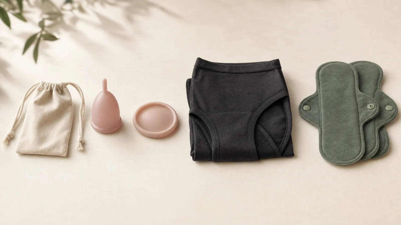 A flat-lay of reusable period care on a bone-white surface: a silicone cup, a menstrual disc, folded period briefs, two cloth pads and a cotton carry pouch